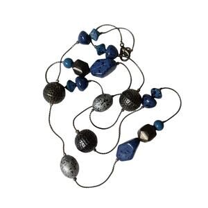 Blue Beaded Necklace Silver Tone Fashion Costume 15" Oxidized Extra Long VTG